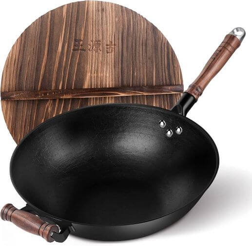 WANGYUANJI Cast Iron Wok Pan 12 inch Flat Bottom with Wooden Handle TheWellthieone