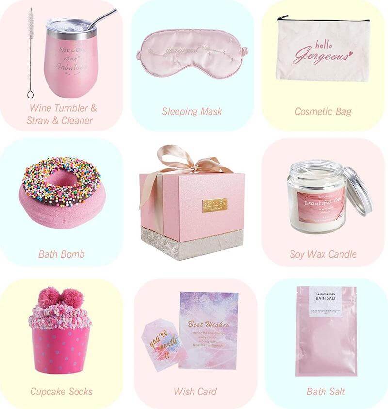 Walowalo Birthday Gifts for Women comes with the following items, seen more fully here: