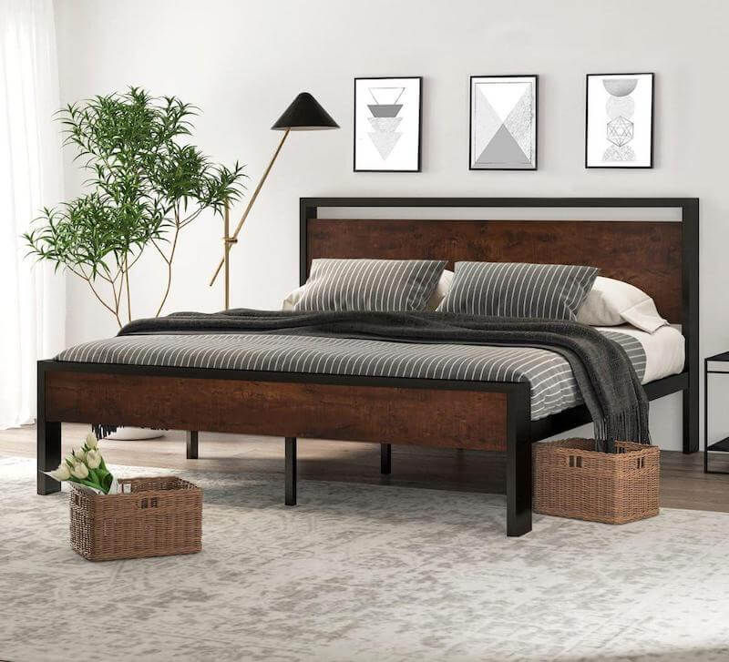 Sha Cerlin King Metal Platform Bed Frame with Wooden Headboard and Footboard