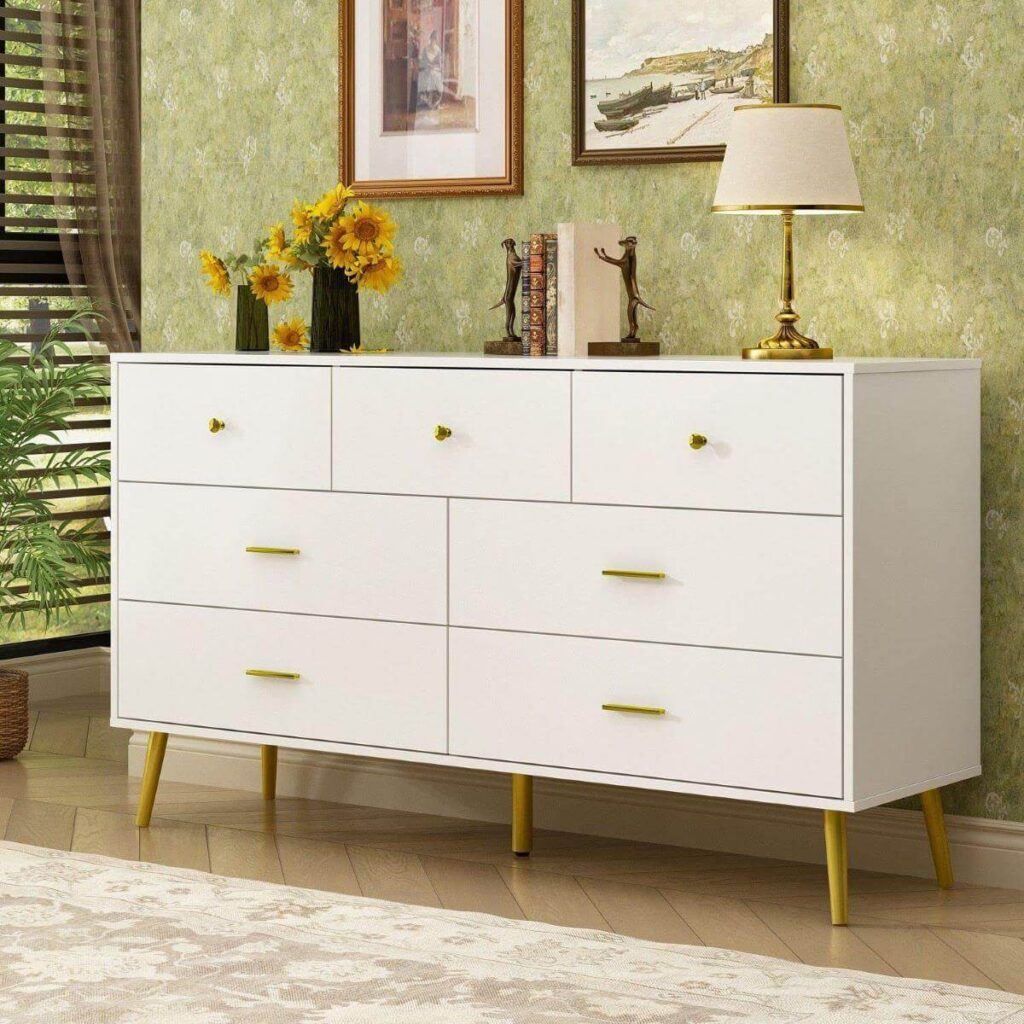 FAMAPY Chest of Drawers 7 Drawer Chest Dresser Wood Dresser with Gold Metal Legs