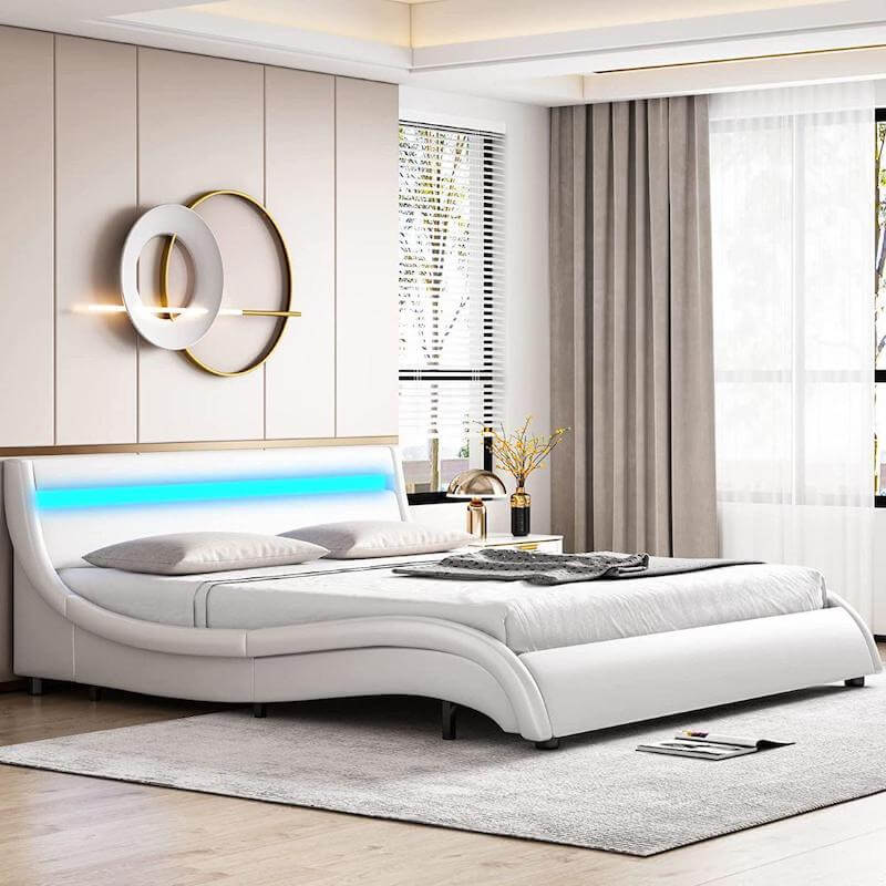 Modern Upholstered Platform Bed Frame with LED Lights Headboard