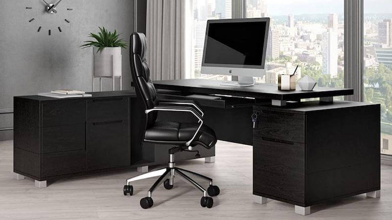 Zuri Furniture Ford Black Oak Veneer Executive Modern L-Shaped Desk with Filing Cabinet