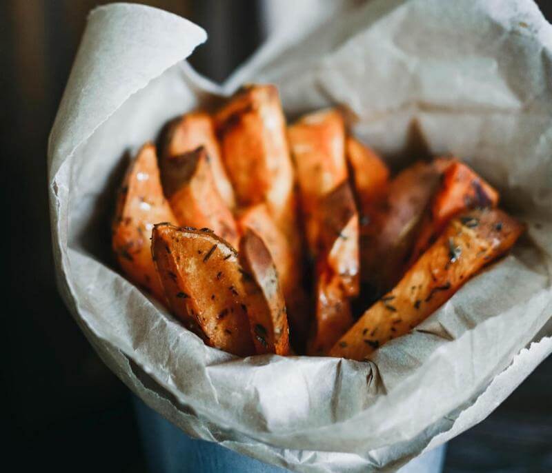 Use whatever dried herbs you have for the marinade, like dill, thyme, rosemary, parsley and pepper.  Garnish your air fryer sweet potatoes with fresh herbs like dill.
