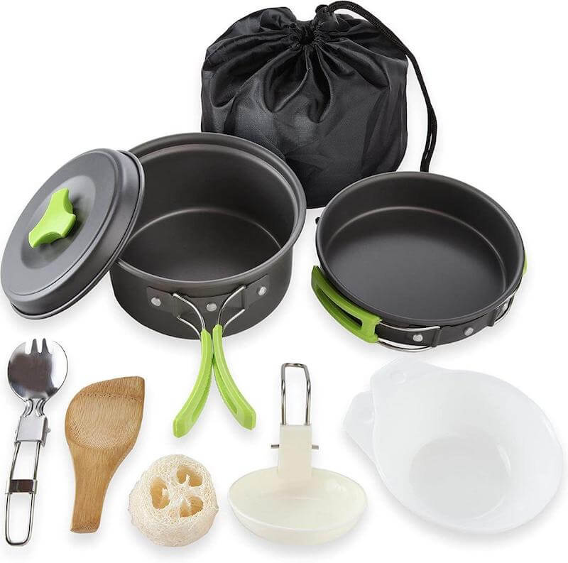 G4Free 15 Pieces Camping Cookware Mess Kit Campfire Kettle Cooking Pot Pan Bowl