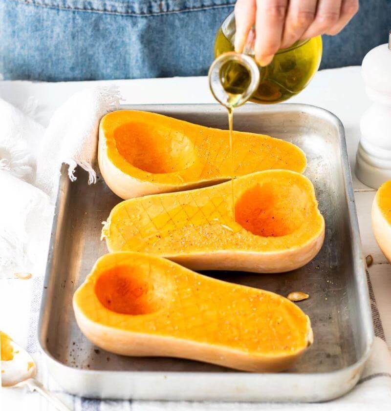 Use a healthful, mild-flavored oil like avocado or safflower oil for roasting your butternut squash. 
