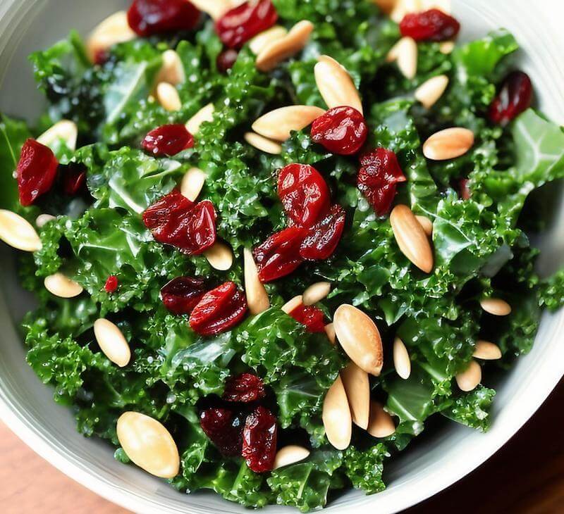 Cranberries bring the sweet, roasted slivered almonds bring the toasty crunch making this salad an easy way to make sure you eat enough nutritious leafy greens like kale.