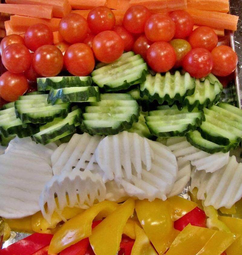 Fresh veggie trays will last 2 days in the fridge, so make a big vegetable platter and keep bringing it out at mealtime.  If it is already made, you will be encouraged to finish it!