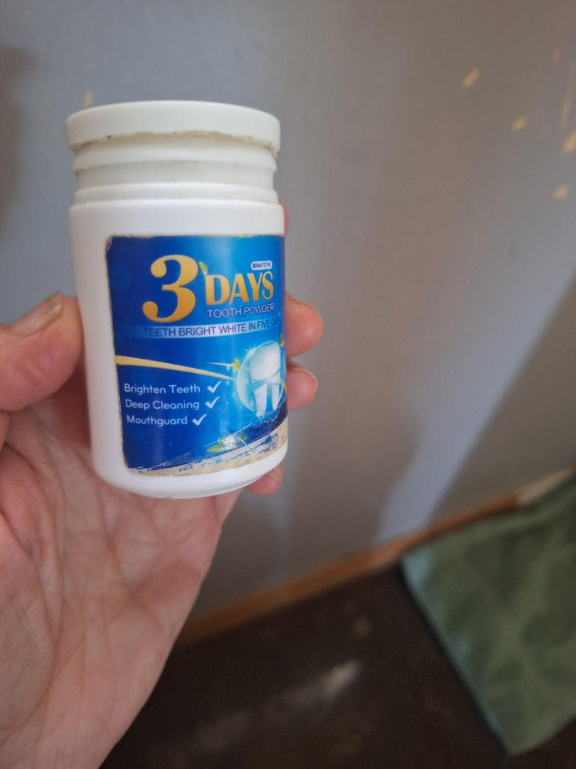 The 3 Days Tooth Powder container I bought years ago and now refill with my DIY pearl powder mix