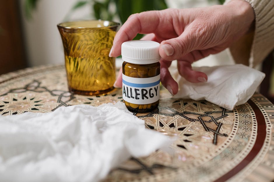 Allergy-related products and tissues on a table.