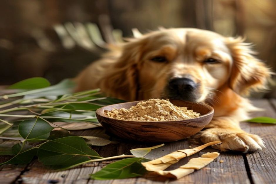 Slippery elm tree bark and dried elm powder in a small bowl beside a calm golden retriever