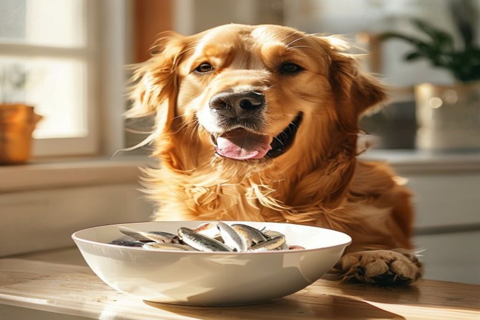 Happy golden retriever beside a white ceramic bowl filled with whole silver sardines as a healthy food topper
