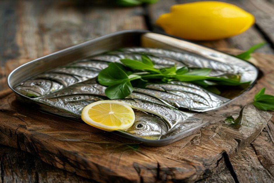 Open tin can of sardines packed in olive oil on a rustic wooden cutting board with lemon and herbs