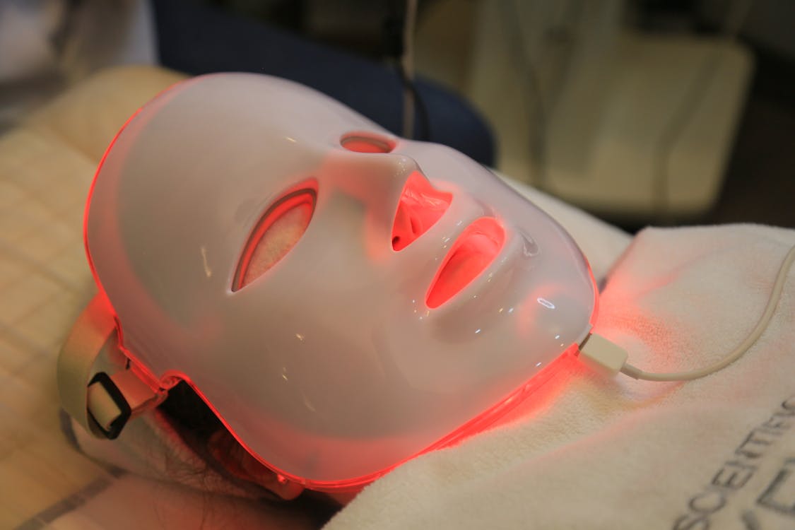 Close-up of LED face mask for red light therapy at home