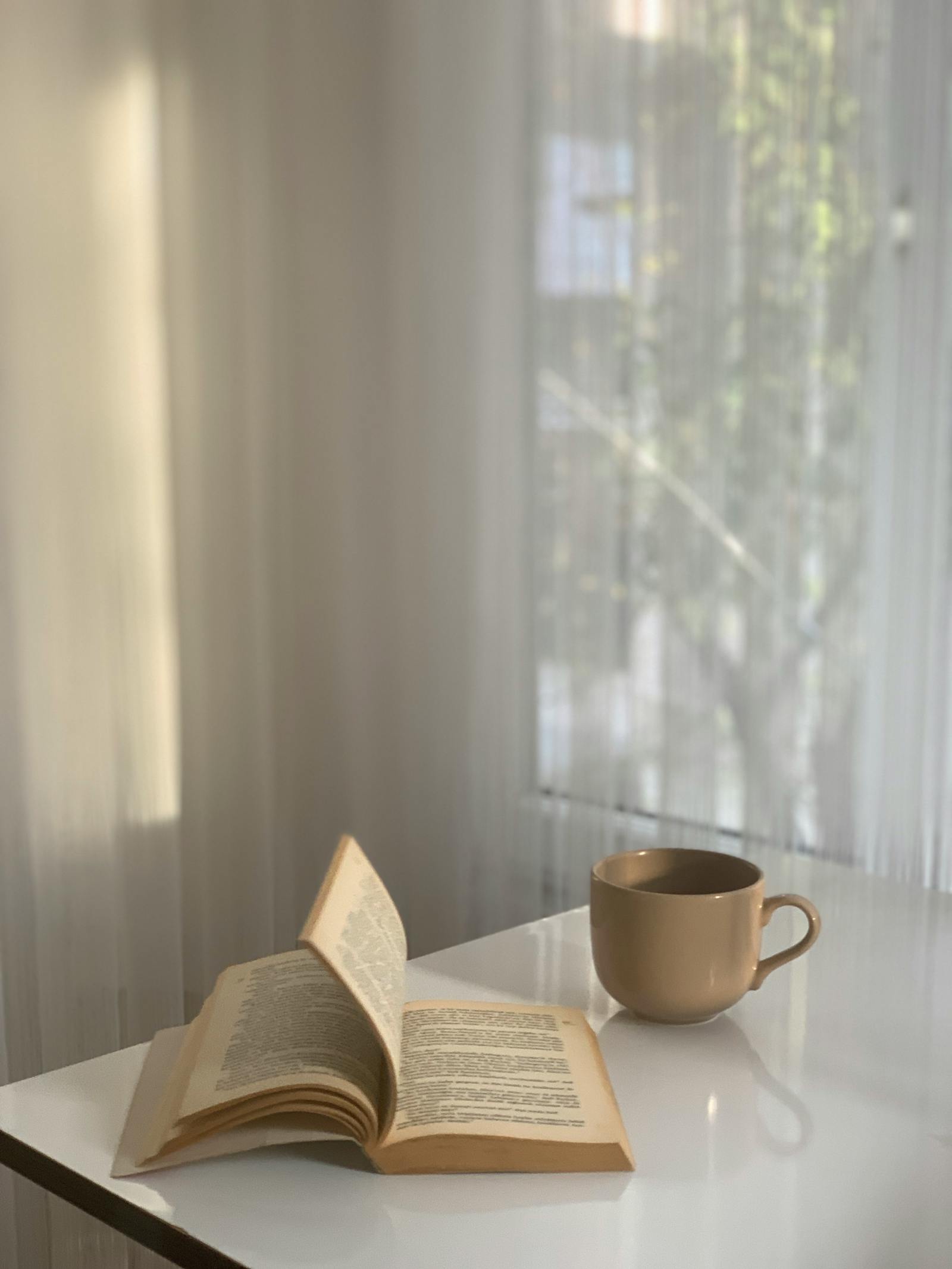 phone free morning reading book with coffee by window