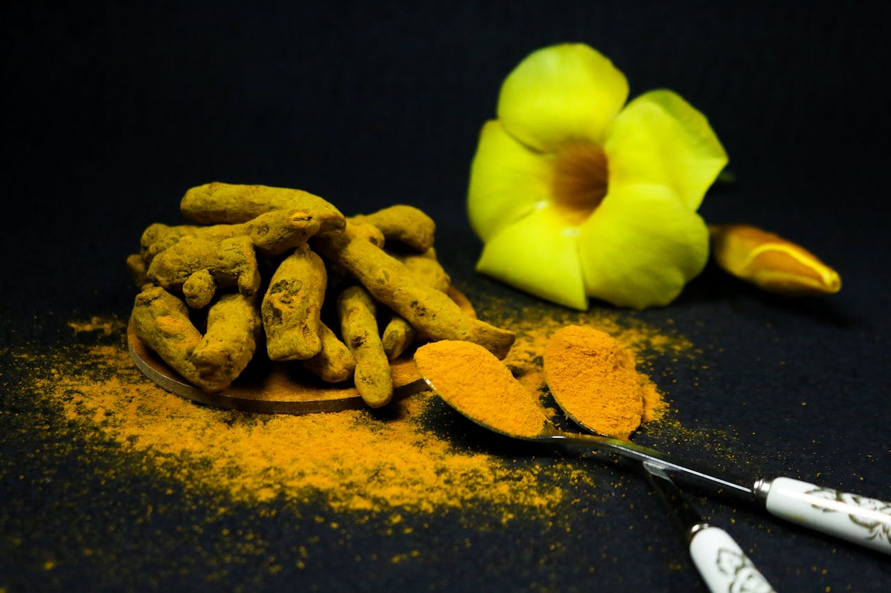fresh turmeric root and curcumin powder used in dog supplements