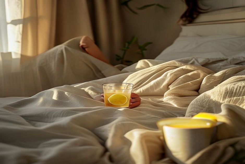 Person recovering with water and herbal tea after general anesthesia hangover symptoms