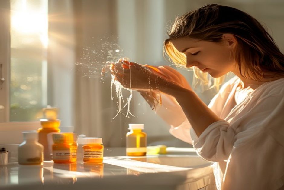 Woman brushing wet hair beside vitamin supplements showing natural recovery from anesthesia hair loss