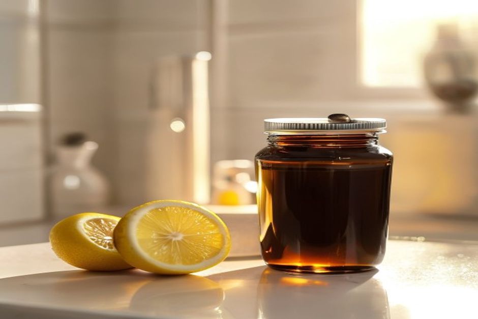 Coffee enema setup with amber jar, stainless kit, and sliced lemon on a clean bathroom counter