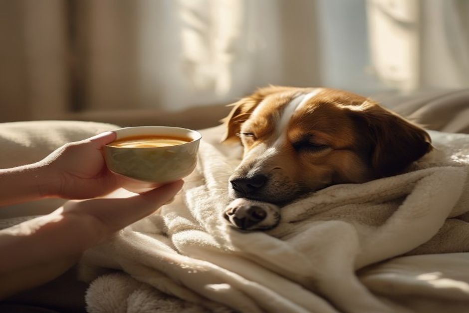 Hand offering bone broth to a sleepy dog wrapped in a blanket for natural anesthesia detox after spay surgery