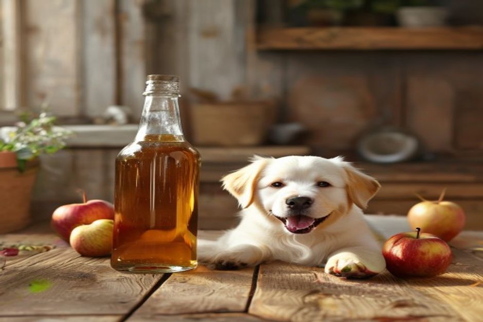 Apple cider vinegar bottle and fresh apples beside a happy dog showing natural health uses