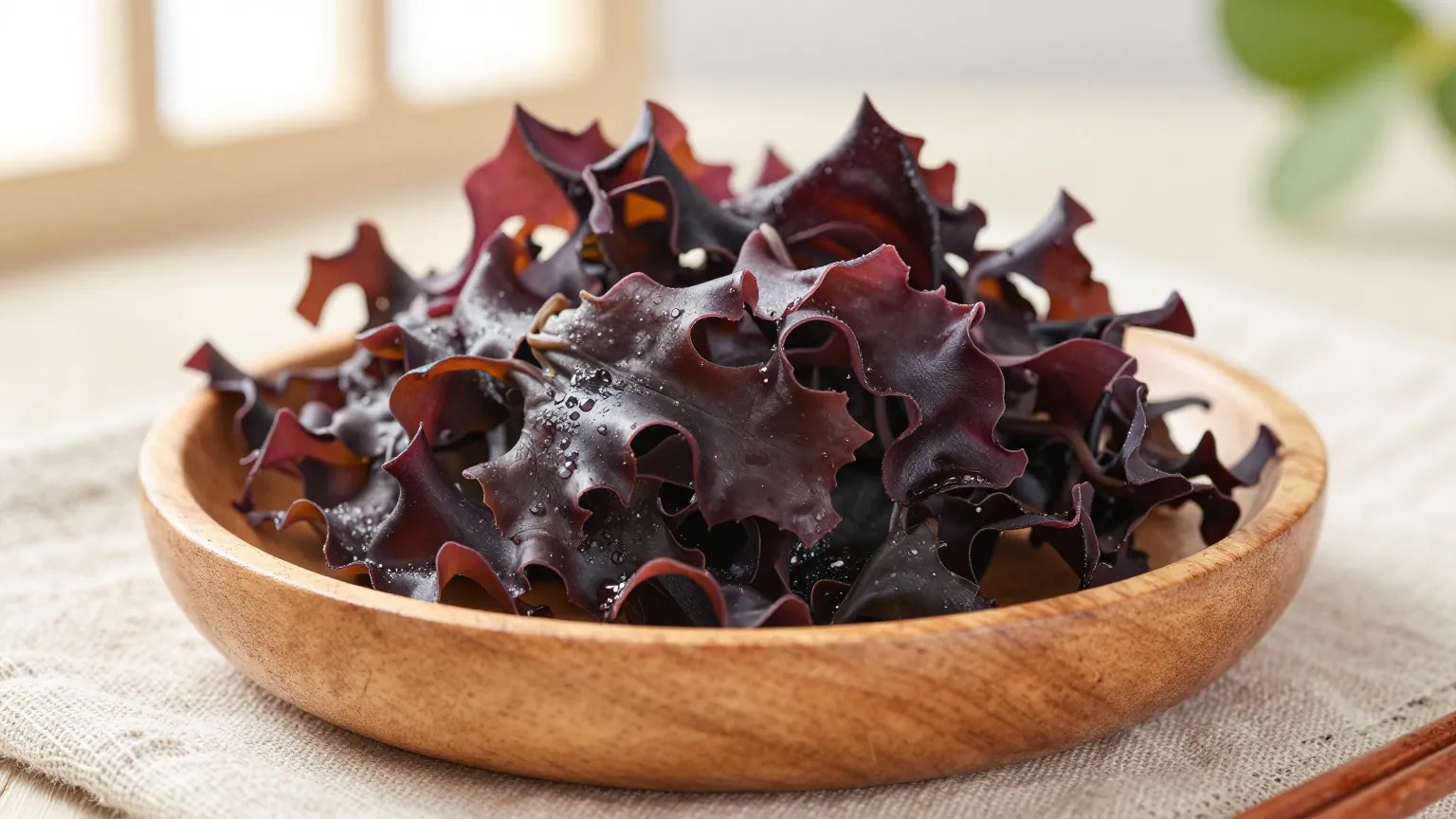 Dried Atlantic dulse, a reddish-purple edible seaweed, in a wooden bowl
