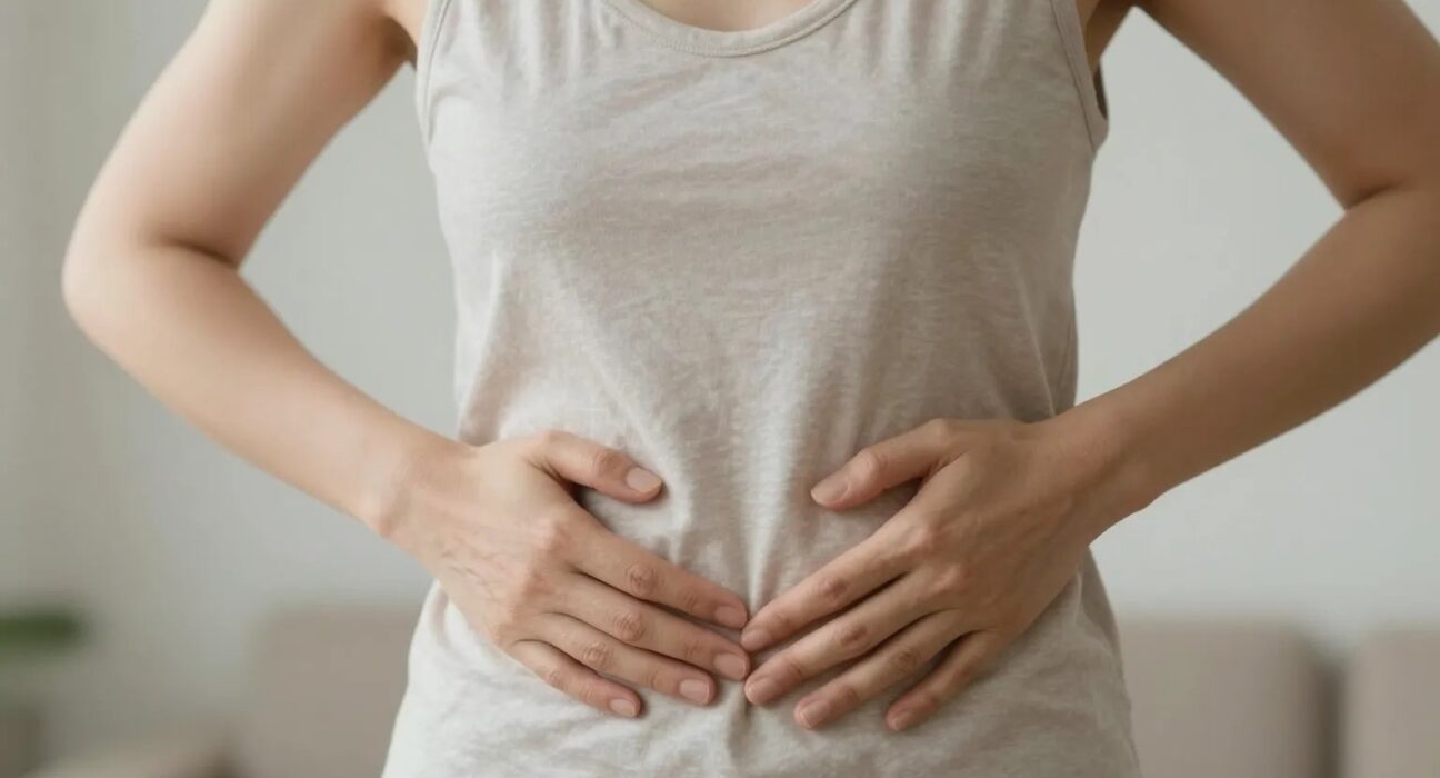 Person holding lower back and abdomen, gut and back connection