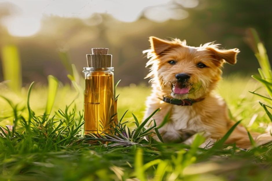 Cedarwood oil and herbs beside a happy dog for natural chemical-free flea prevention