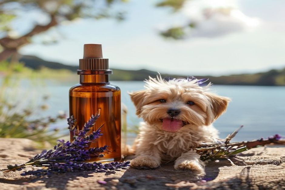 Cedarwood oil and lavender beside a happy dog for natural plant-based flea repellent