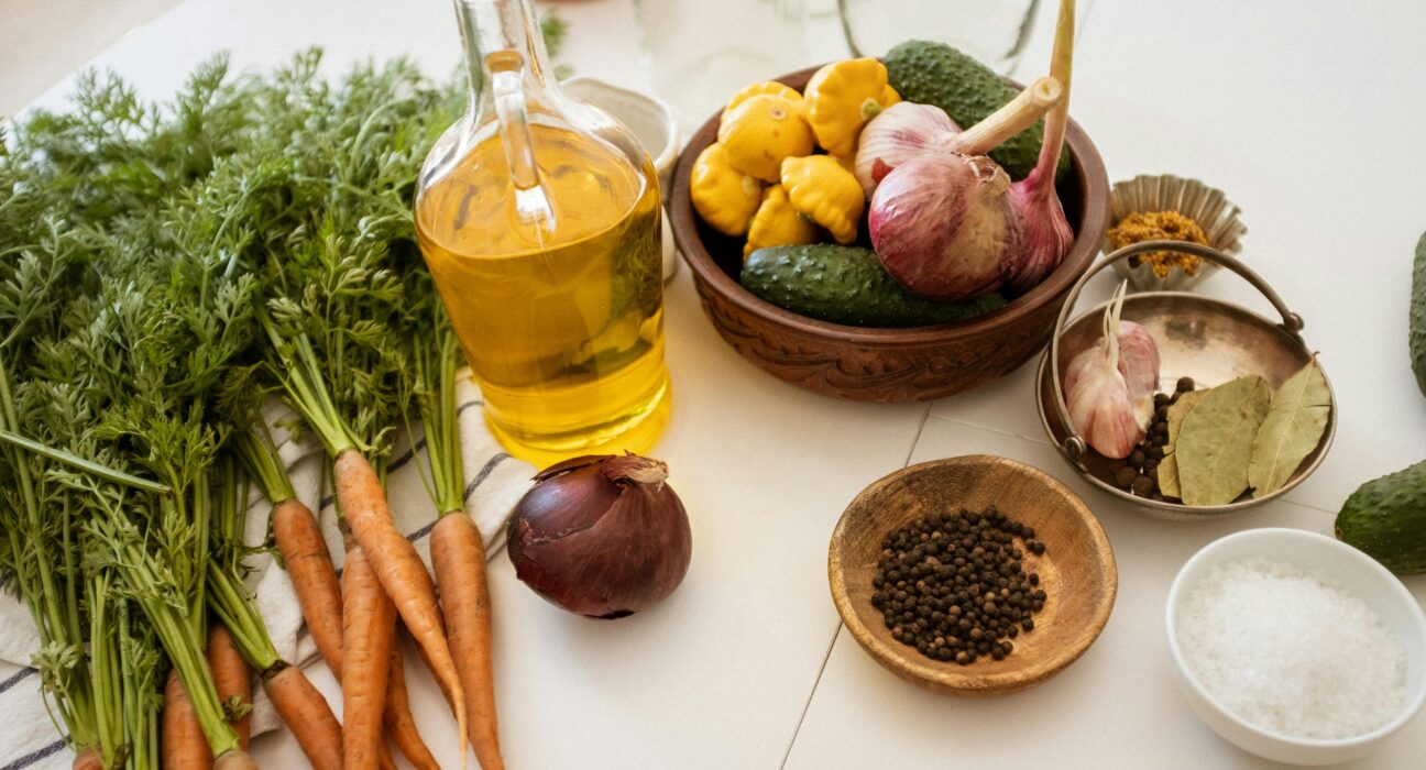 Fresh vegetables, spices, and gluten-free ingredients ready for a gut-healing meal