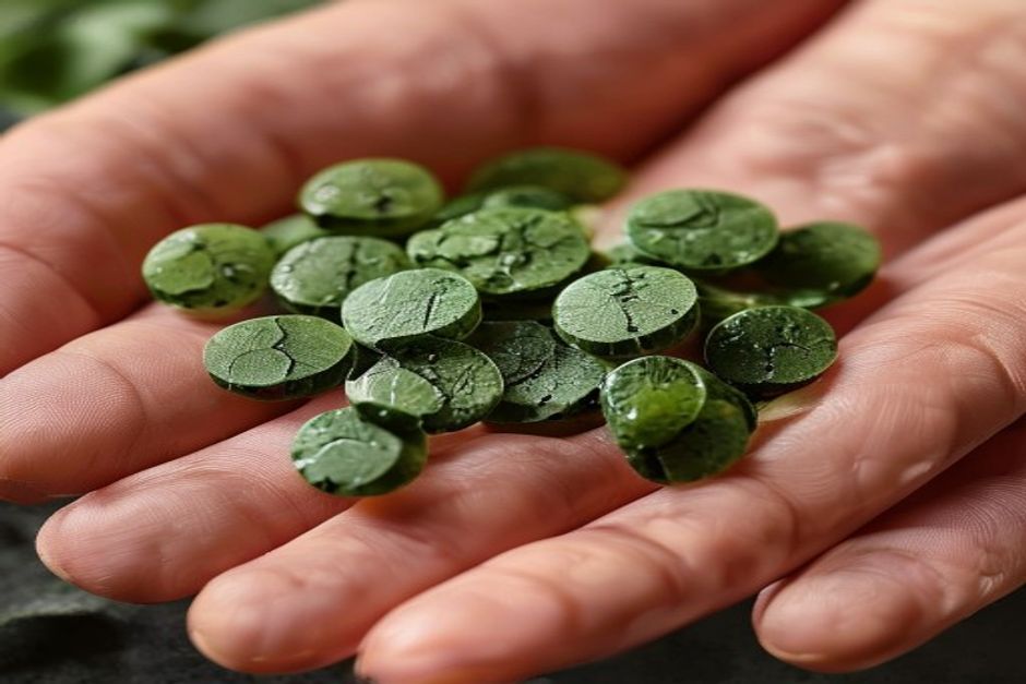 Chlorella vs spirulina for heavy metals broken-cell-wall tablets in a hand