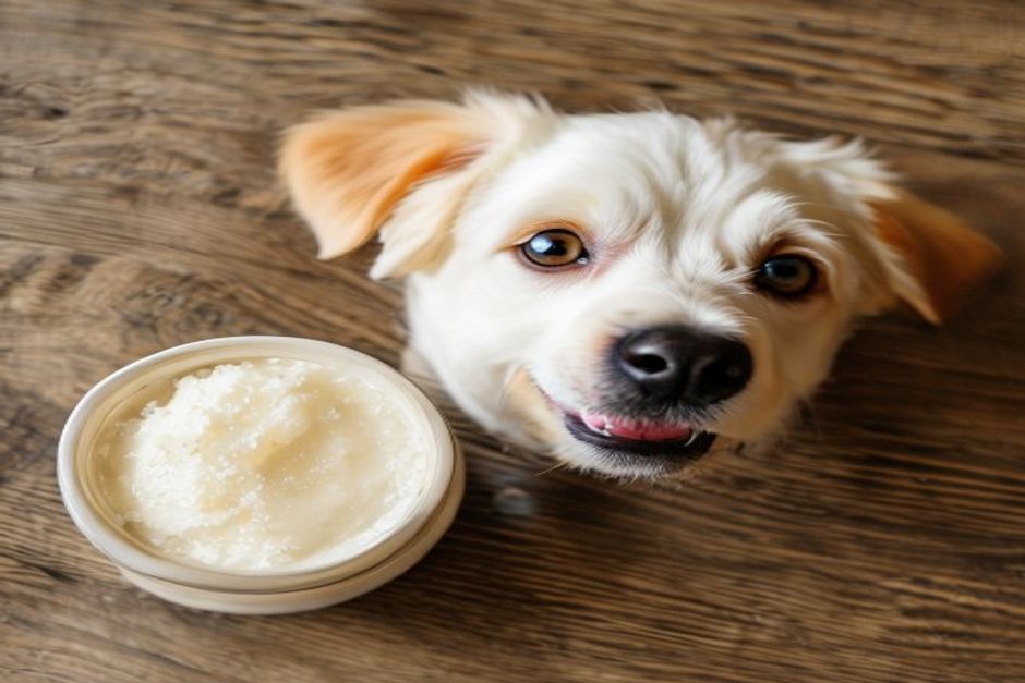 Bovine colostrum powder beside a healthy happy dog for immune support