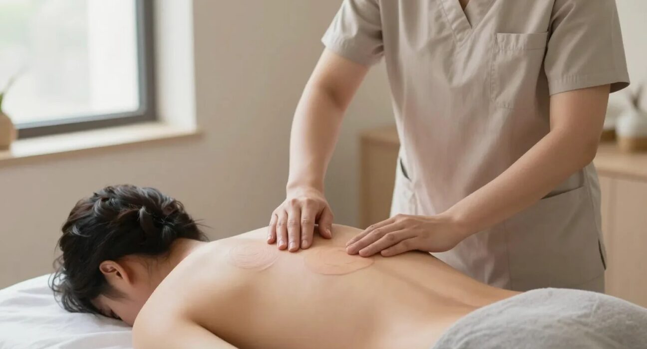 Licensed therapist checking the fading round marks left by cupping on a client's upper back
