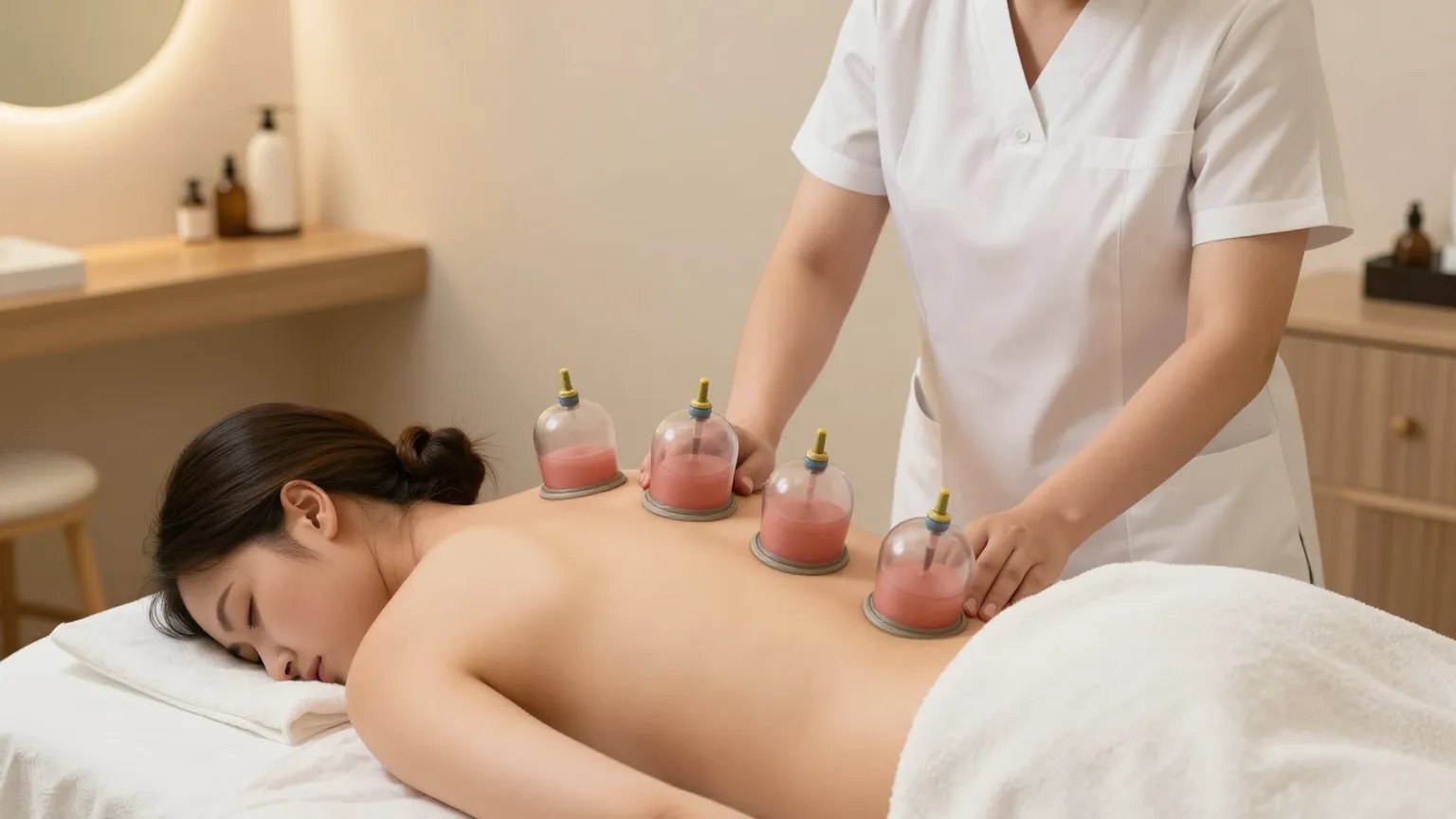 Licensed therapist performing cupping therapy on a client's back
