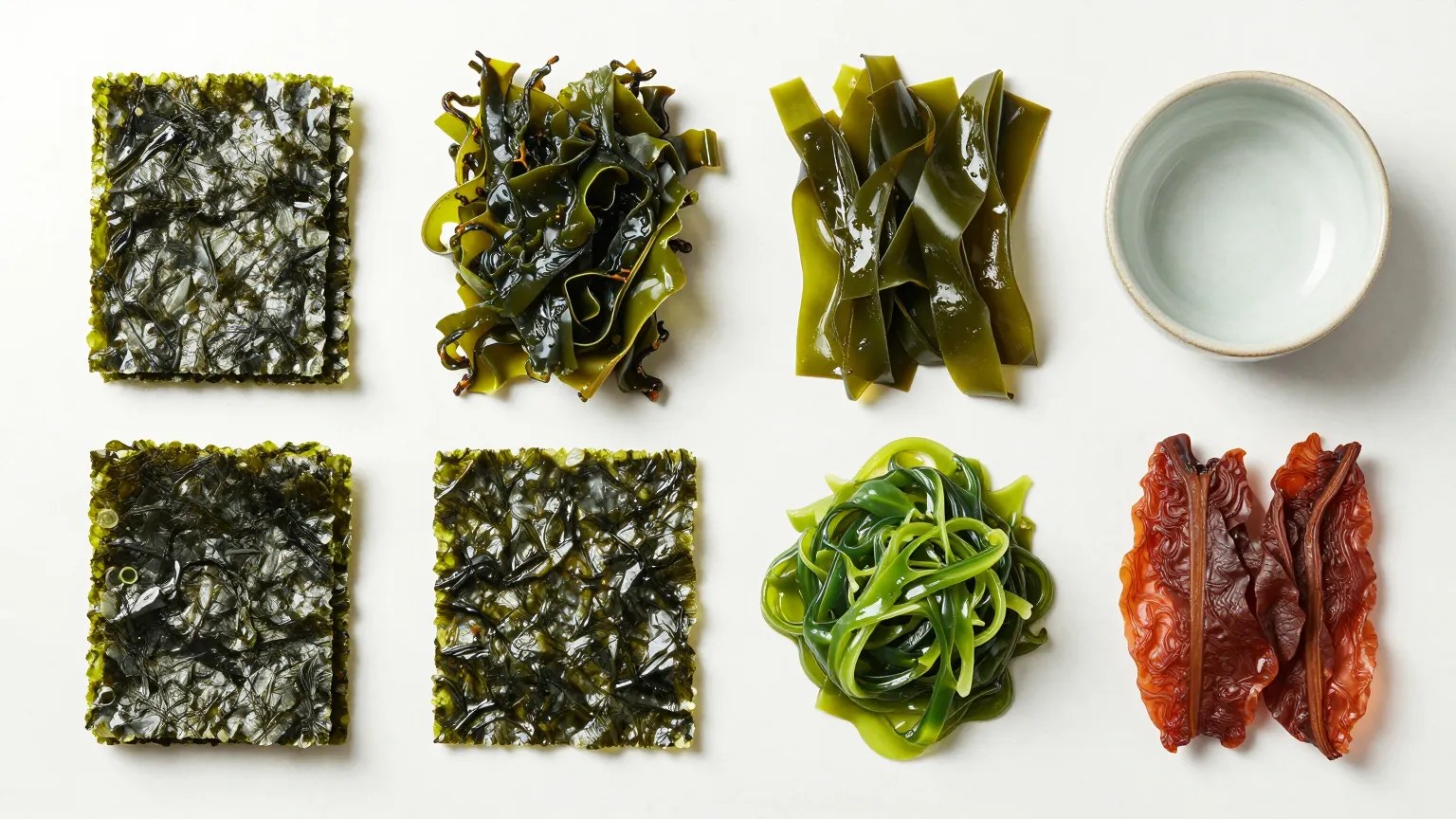 Assorted edible seaweeds: nori, kelp, wakame, and dulse