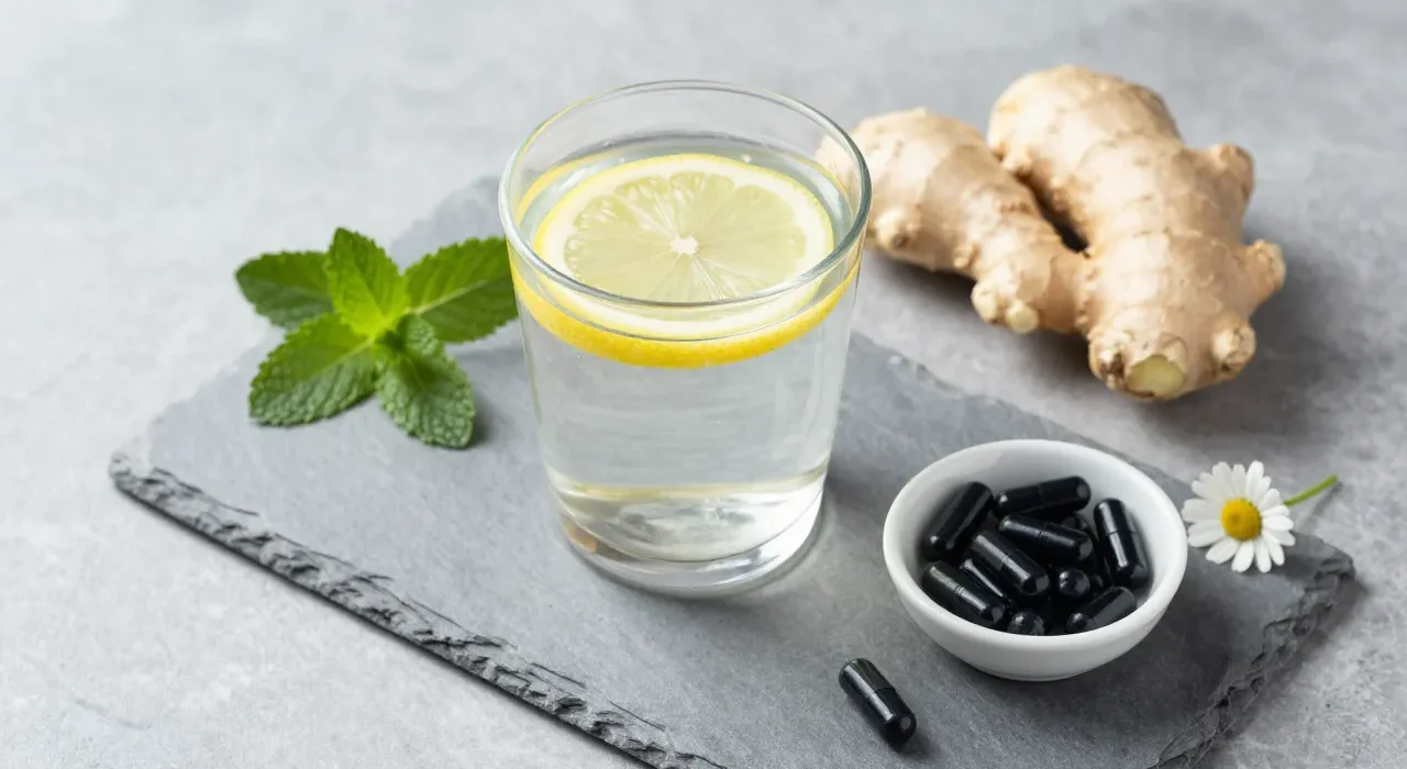 Editorial gut recovery still life: electrolyte water, ginger, peppermint, activated charcoal capsules