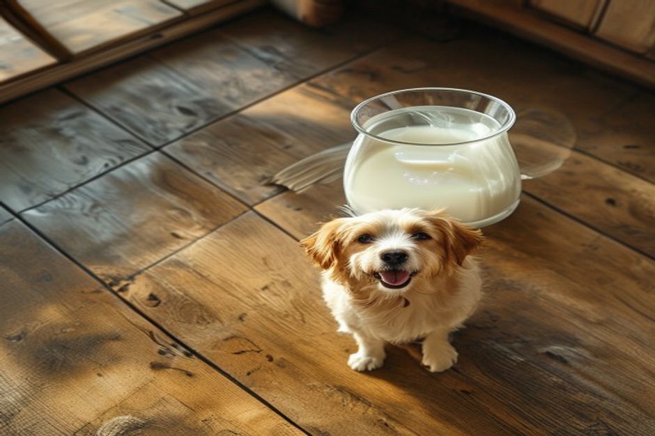 Fresh raw goat milk beside a happy dog for digestive and immune support