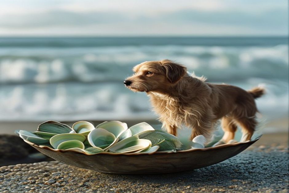 Green-lipped mussel shells beside a senior dog showing natural joint support