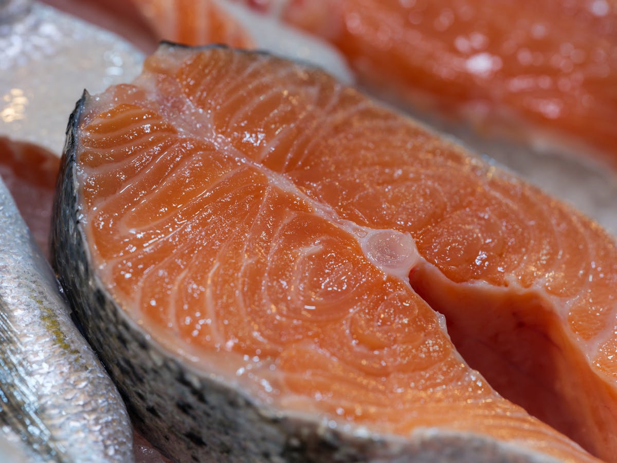 Fresh salmon slice rich source of omega 3 used in salmon oil for dogs