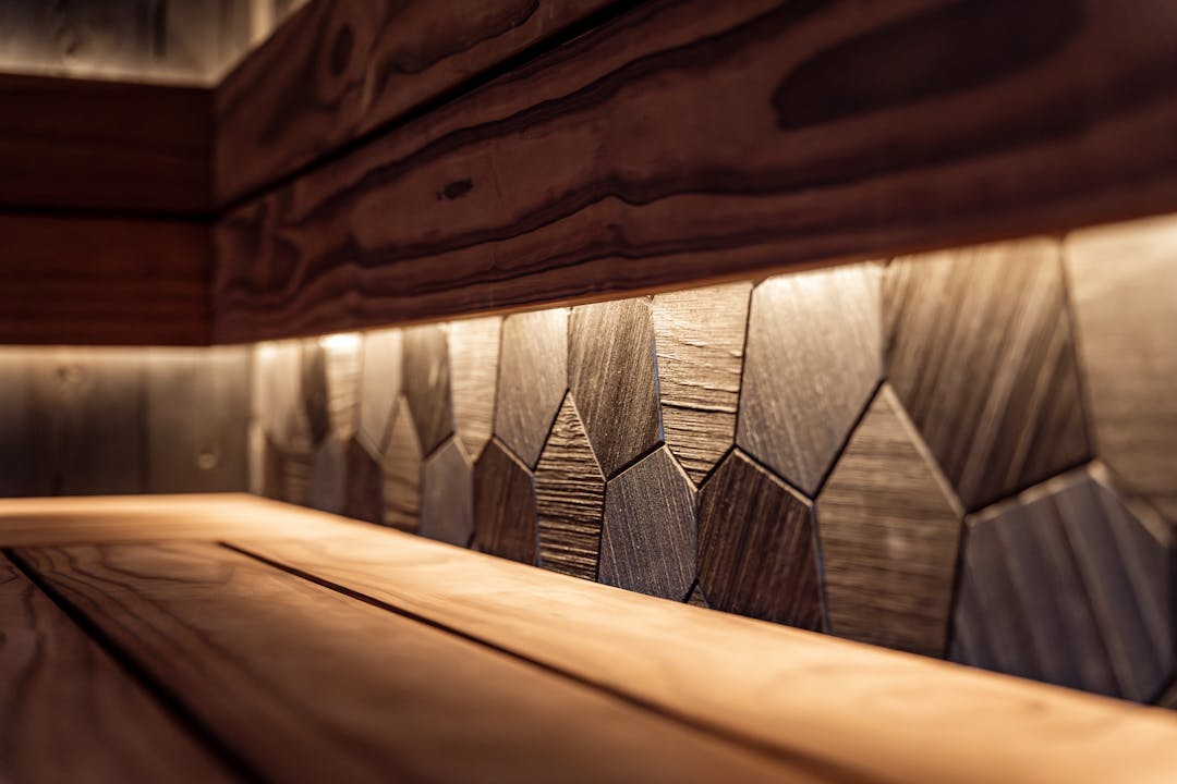Infrared sauna wood interior, warm light