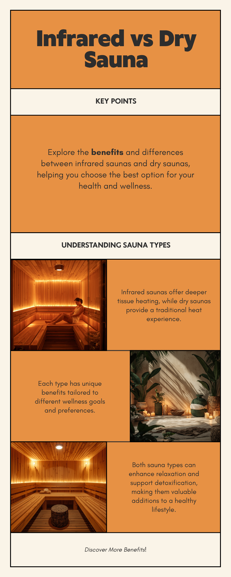 Side-by-side comparison infographic of infrared sauna and dry sauna showing heating method, detox sweat composition, cardiovascular response, skin effects, heat tolerance, cost, and winners by goal