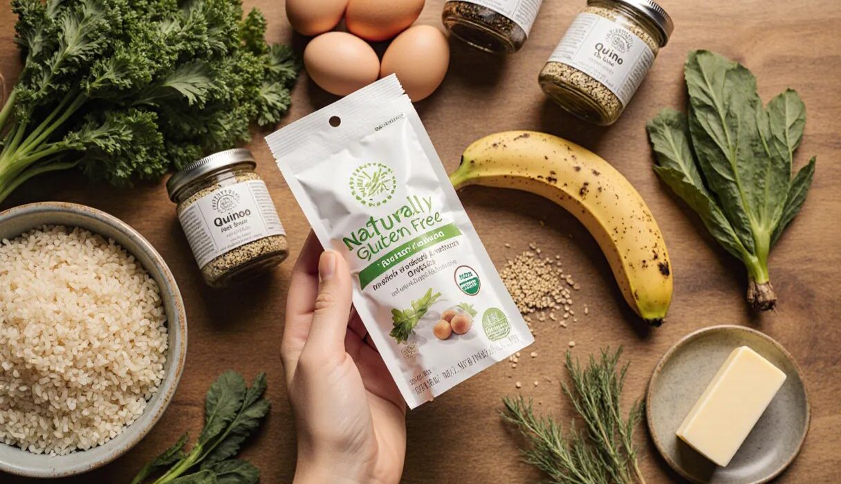 Naturally gluten-free whole foods on a counter with a hand checking a product label.
