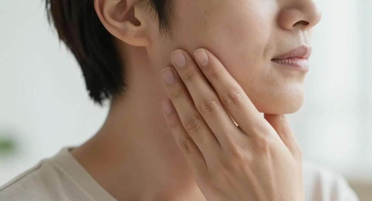Adult holding the side of their jaw near the ear