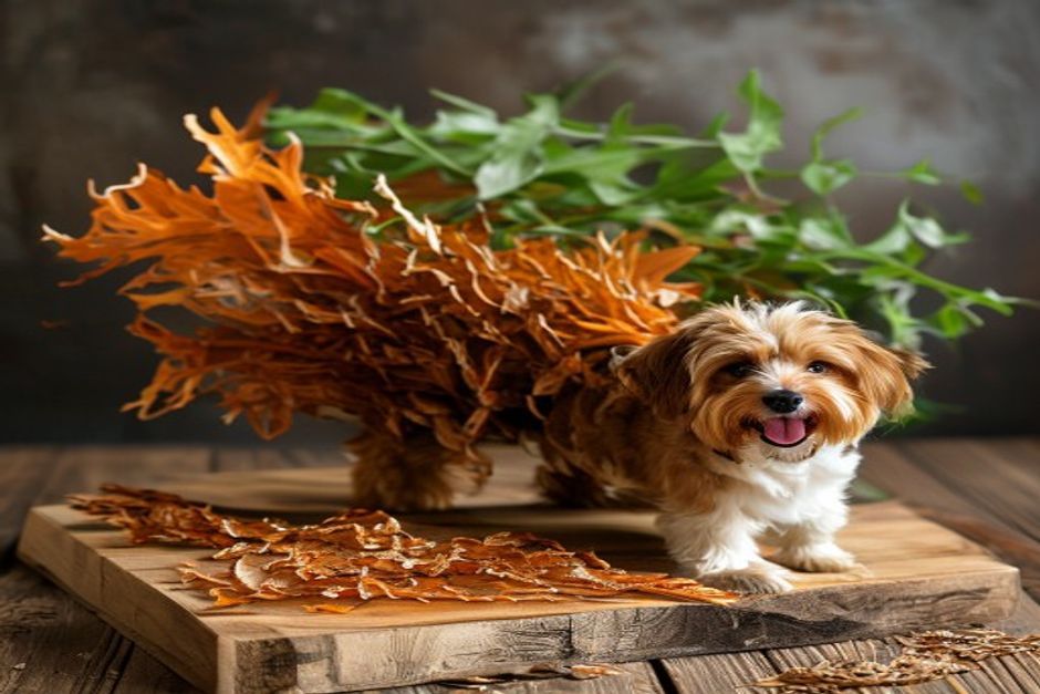 Dried kelp seaweed beside a healthy dog showing kelp supplement mineral benefits