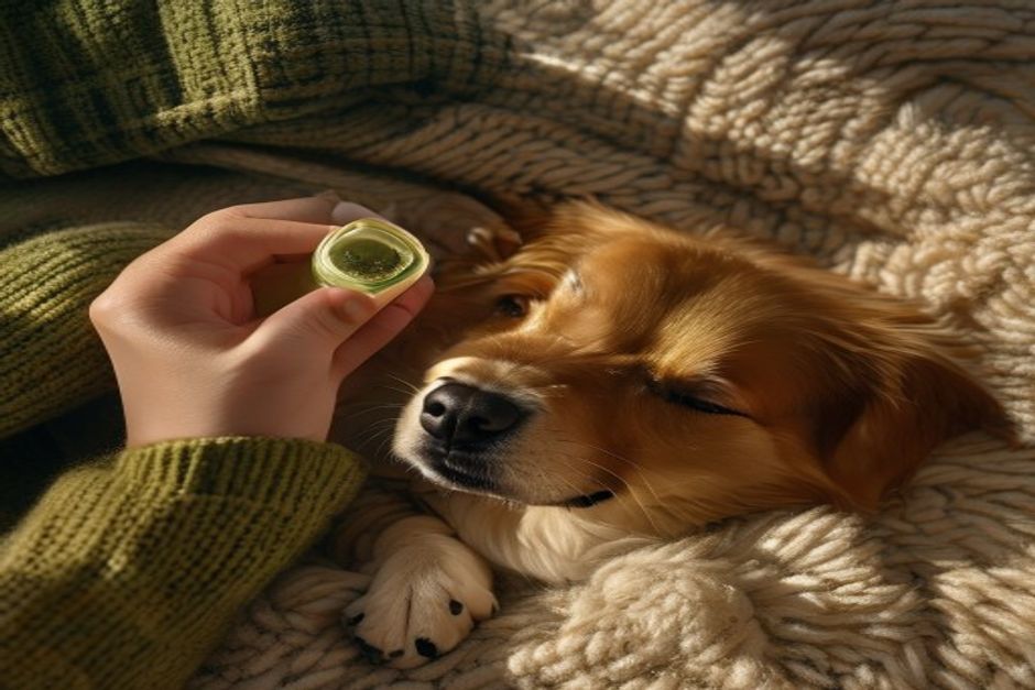L-theanine capsules beside a calm relaxed dog for anxiety support