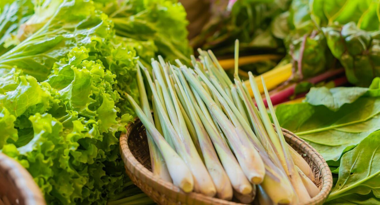 Fresh lemongrass stalks at a vibrant local market