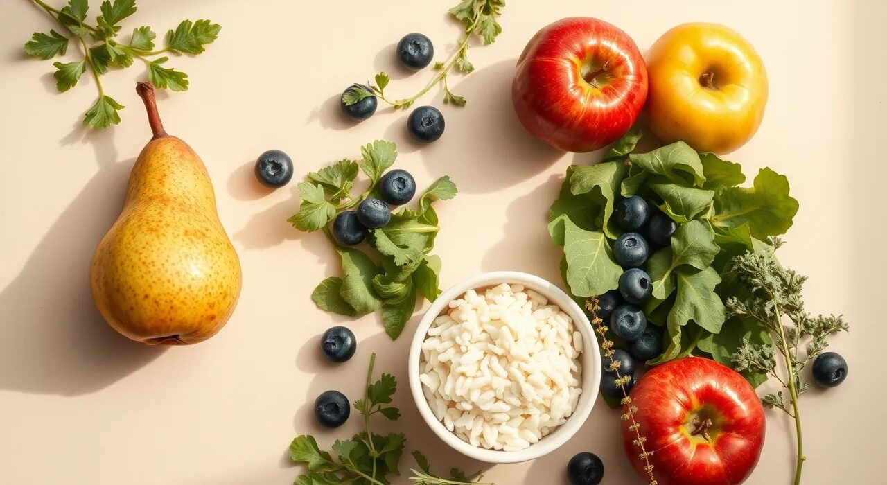 A fresh spread of low-histamine foods: pears, apples, blueberries, leafy greens, cooked rice and herbs