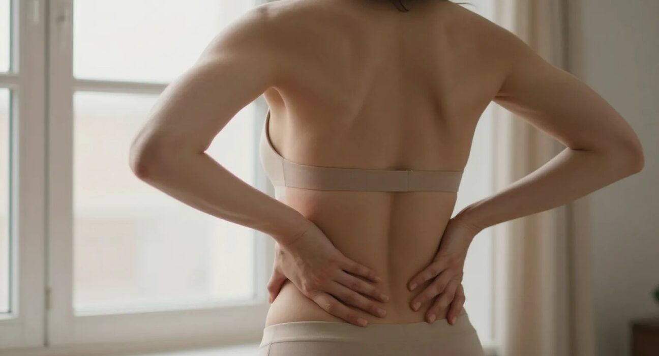 Woman easing lower back pain by a window