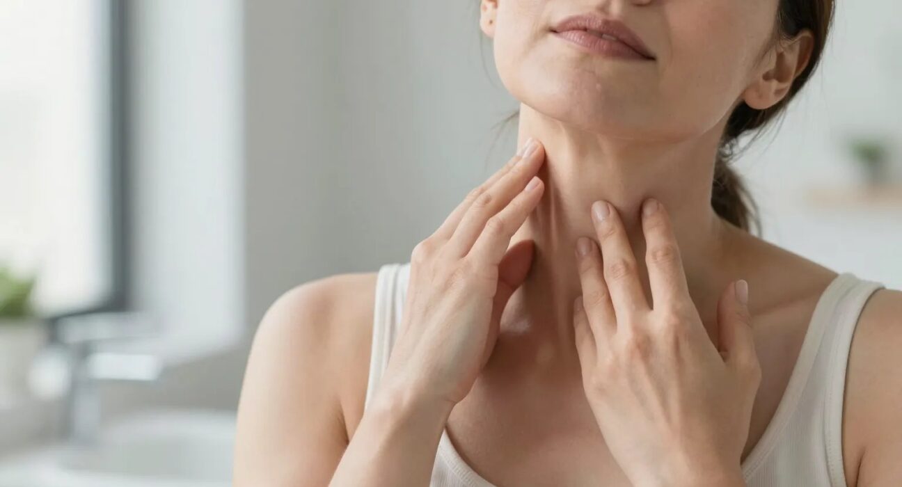 Woman checking her swollen neck lymph nodes during an allergy flare