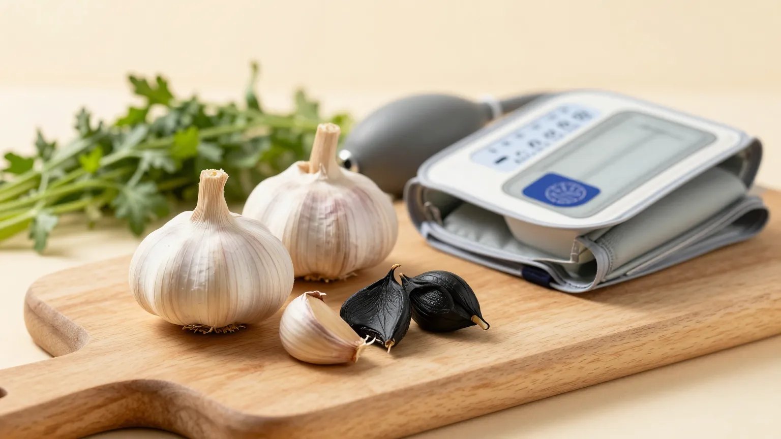 Fresh garlic bulbs and garlic supplement softgels on a wooden board