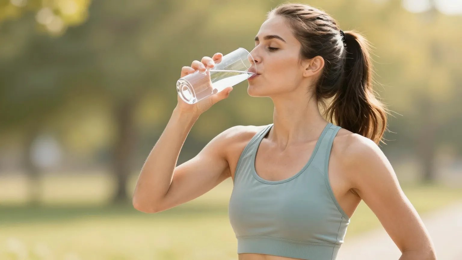 Woman drinking water after a walk outdoors
